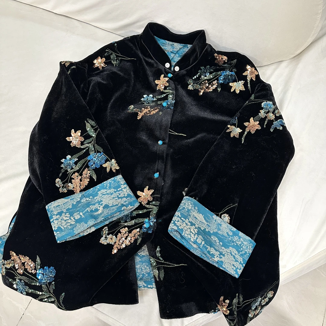 卉  复古风丝绒重工刺绣新中式外套