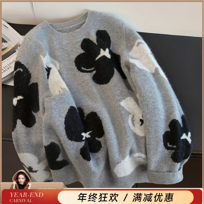 丝柏舍2025冬装新款女装文艺撞色花朵套头圆领毛衣S53K3027M