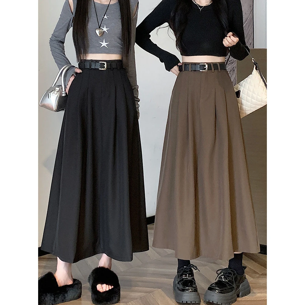 黑色西装百褶裙半身裙女2025秋季新款高腰a字裙咖色气质中长伞裙