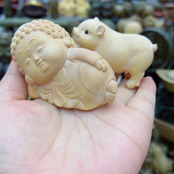 何***真香榧木黄杨木卧佛，小猪