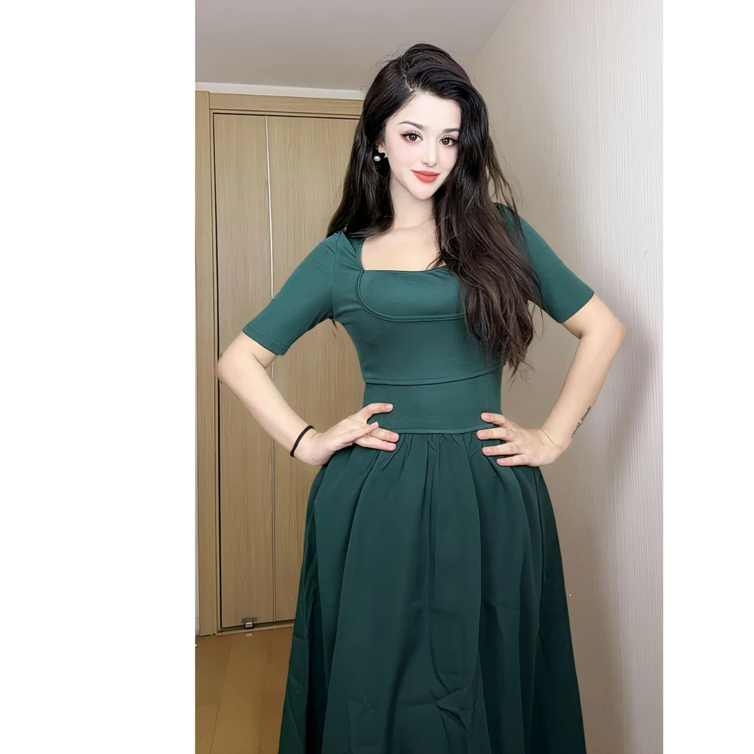 【GJ】短袖方领胸口拼接连衣裙修身显瘦百搭遮肚收腰裙子女D1036