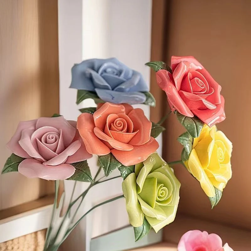 国潮陶瓷花朵仿真花陶瓷花装饰摆件永生花陶土创意品陶瓷玫瑰花