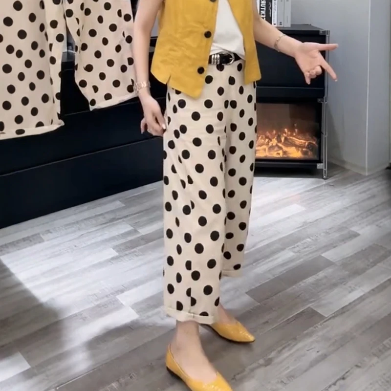 夏季薄款小众波点图案休闲直筒裤大码女装高腰显瘦百搭宽松阔腿裤