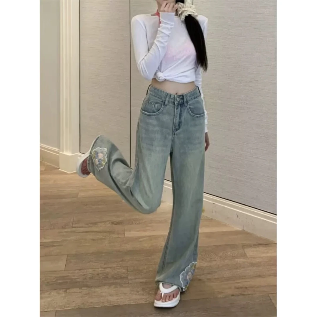 9525#国风弹力高腰牛仔裤女浅色做旧窄版直筒阔腿拖地裤弹力