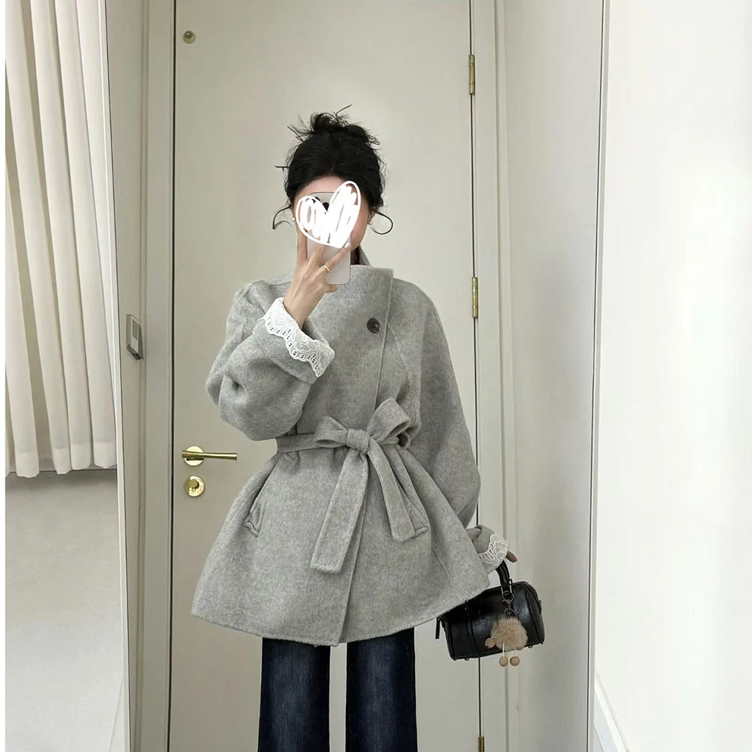 设计感灰色立领短款大衣女2025秋冬新款爆款高级系带毛呢外套上衣