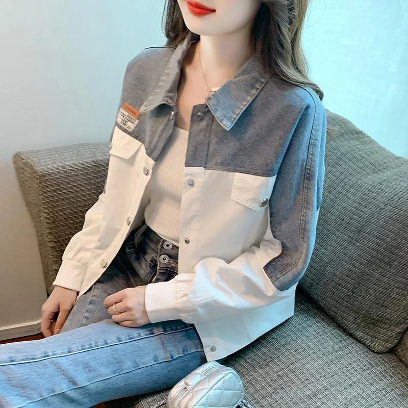 拼接撞色牛仔外套女春秋季2025秋装新款宽松外搭开衫气质短款上衣