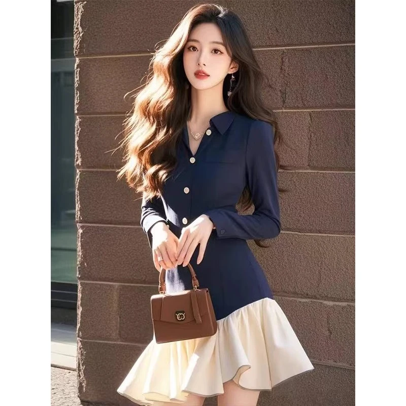 通勤时尚藏蓝色拼接撞色连衣裙女2025年春季新款修身显瘦高级感