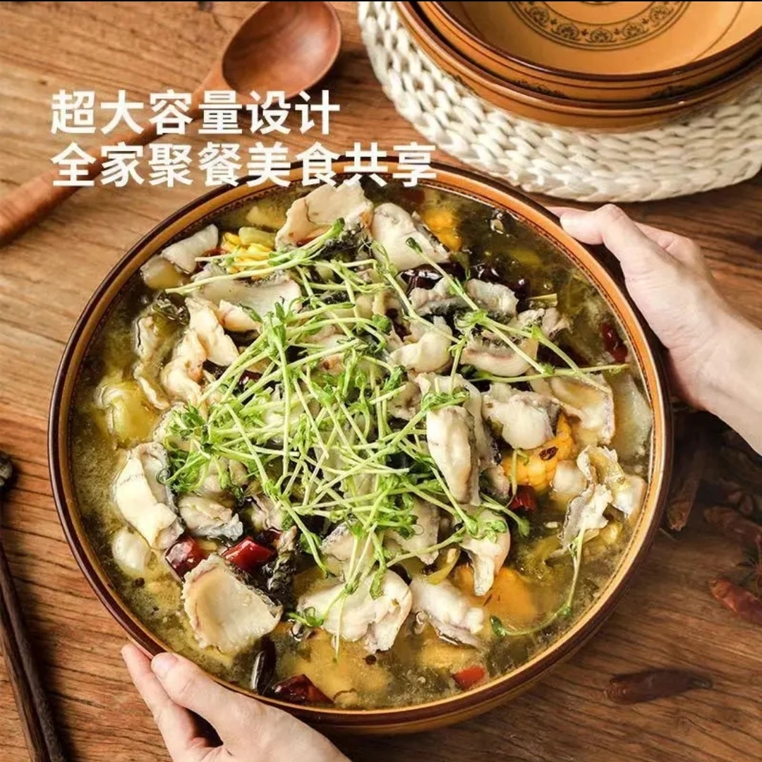 2个装9英寸招财进宝家用商用陶瓷大汤碗复古釉下彩耐高温加厚中式