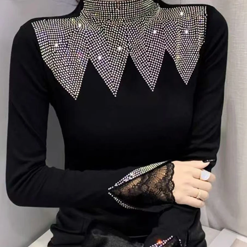 亮钻打底衫女 新款设计感烫钻长袖上衣加厚磨毛显瘦上衣 8039