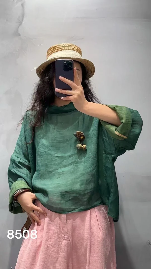 苎麻包边罩衫上衣