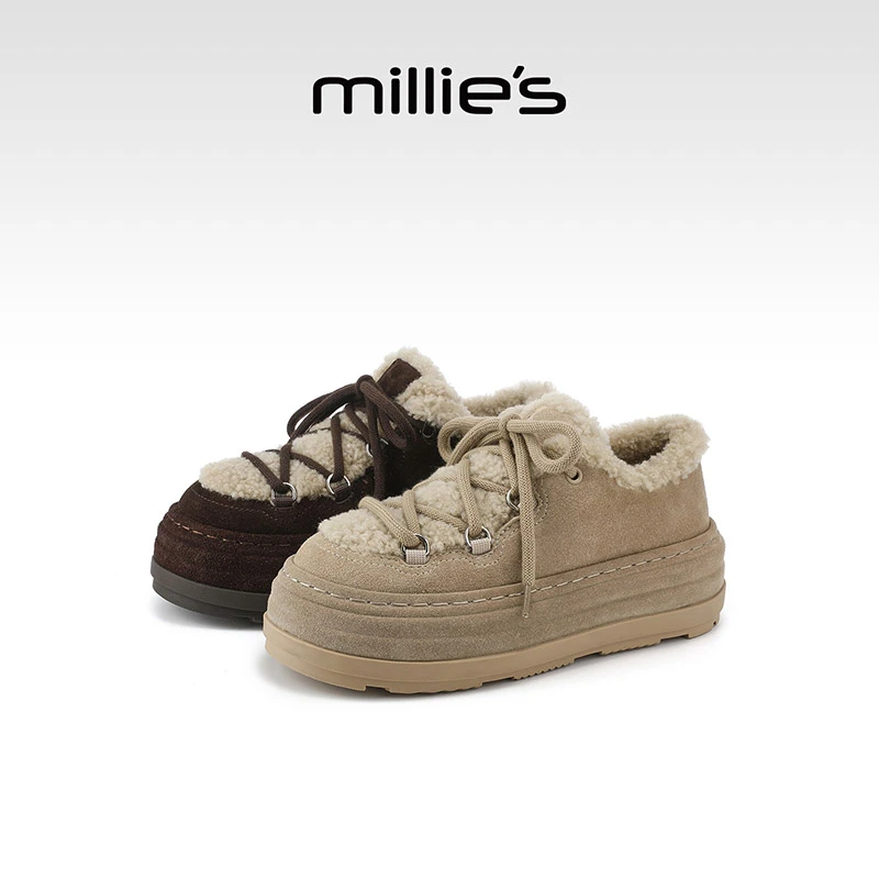 MILLIE'S/妙丽厚底舒适棉鞋女2025冬季加绒保暖系带舒适休闲鞋
