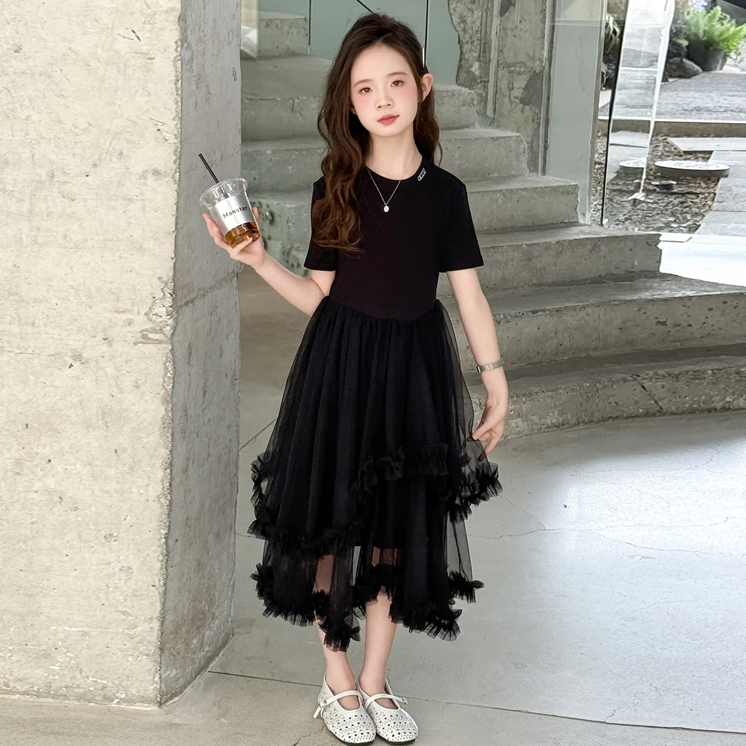 女童连衣裙夏装2025新款儿童裙子大童黑色T恤裙宝宝花边网纱裙潮