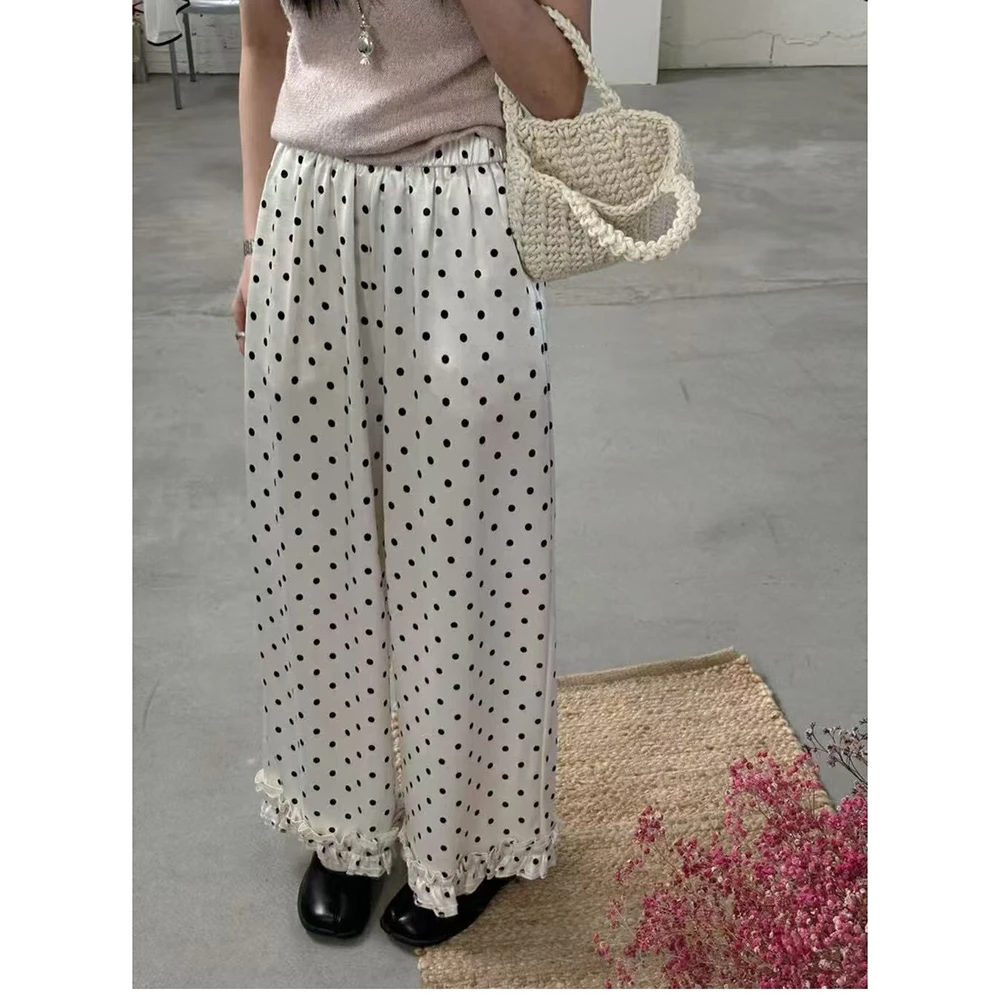 韩系白色松紧腰木耳边拼接阔腿裤女2025春季新款百搭直筒休闲裤