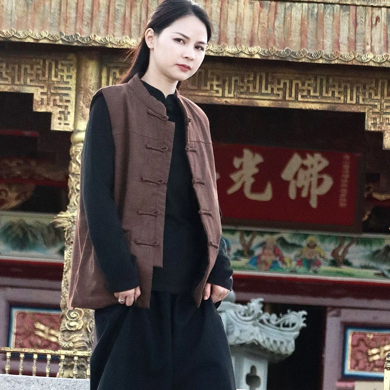 苇素佛系禅意中式女装中国风冬棉麻亚麻上衣高端马夹唐装加绒马甲