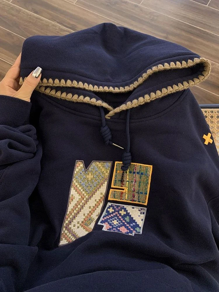 爆款刺绣连帽卫衣春秋休闲藏青色高级潮牌情侣外套美式假两件学生