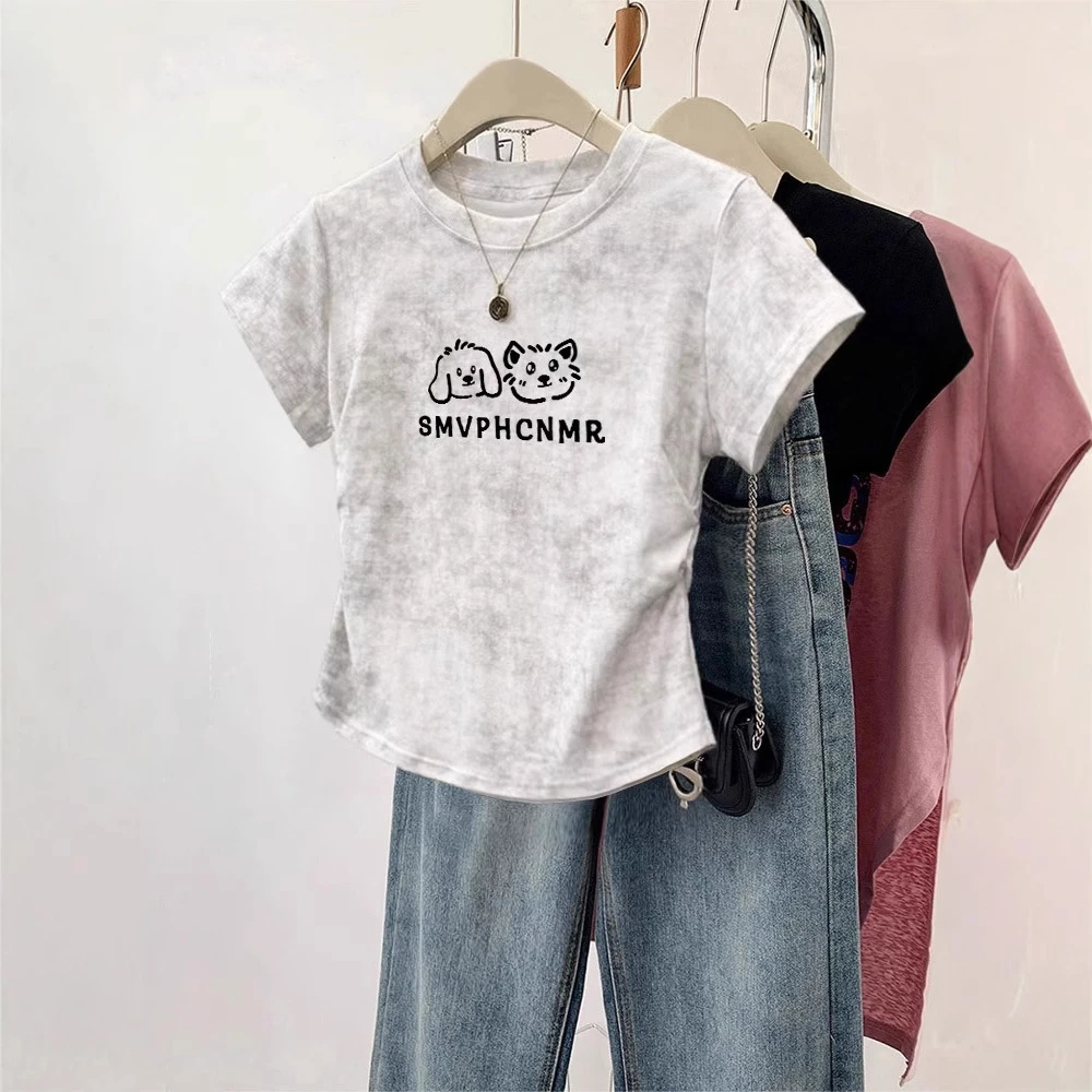 白色扎染正肩短袖恤女夏季独特漂亮美式修身收腰短款上衣设计感