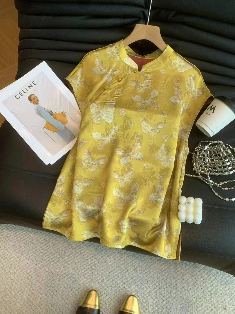 【花罗蝶】 2025夏季新款缎面提花短袖上衣复古气质百搭显瘦上衣