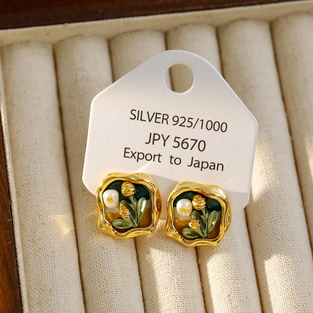 铜合金耳饰 E5394-油画风花朵耳钉-超仙气森系复古耳饰