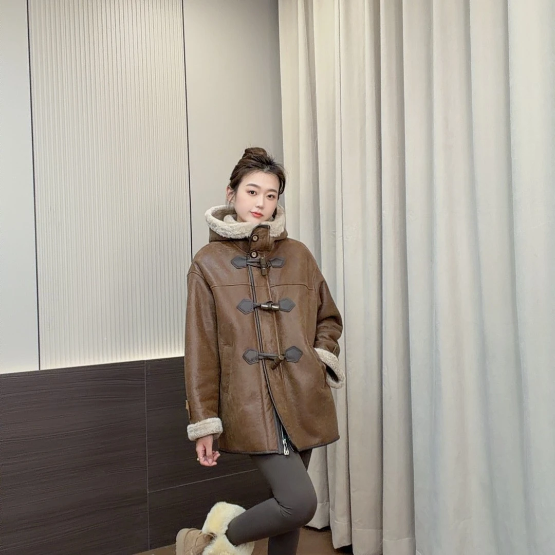 【MR·Fur】2025新款宽松美利奴连帽中长款羊毛皮草外套女