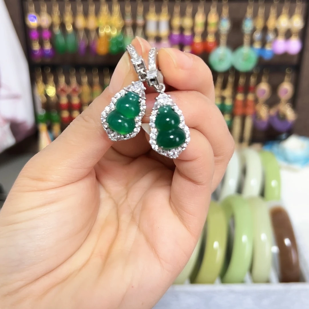 银S925镶嵌翡翠耳饰古风