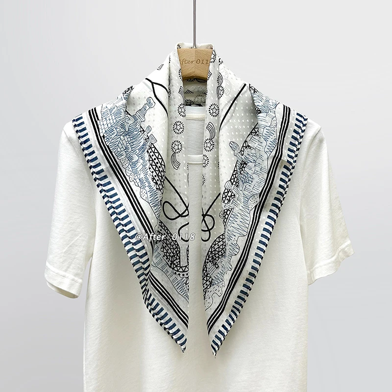 After 星河峡谷 透气气质蓝白配色丝棉真丝桑蚕丝丝巾围巾中方巾