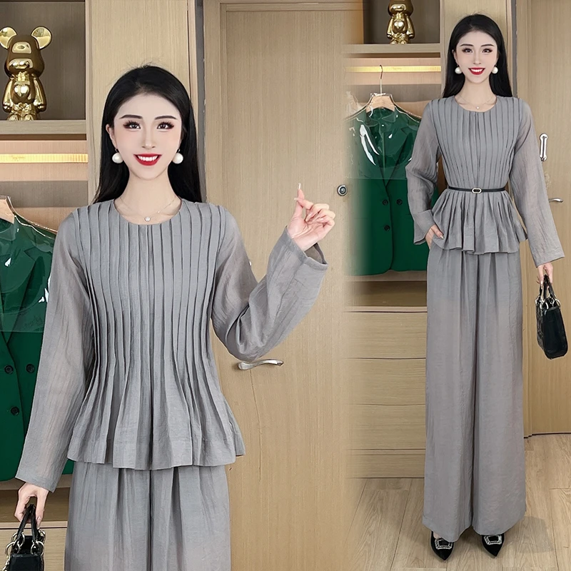 慵懒风套装女2025春季新款宽松压褶上衣阔腿裤显瘦两件套DY258