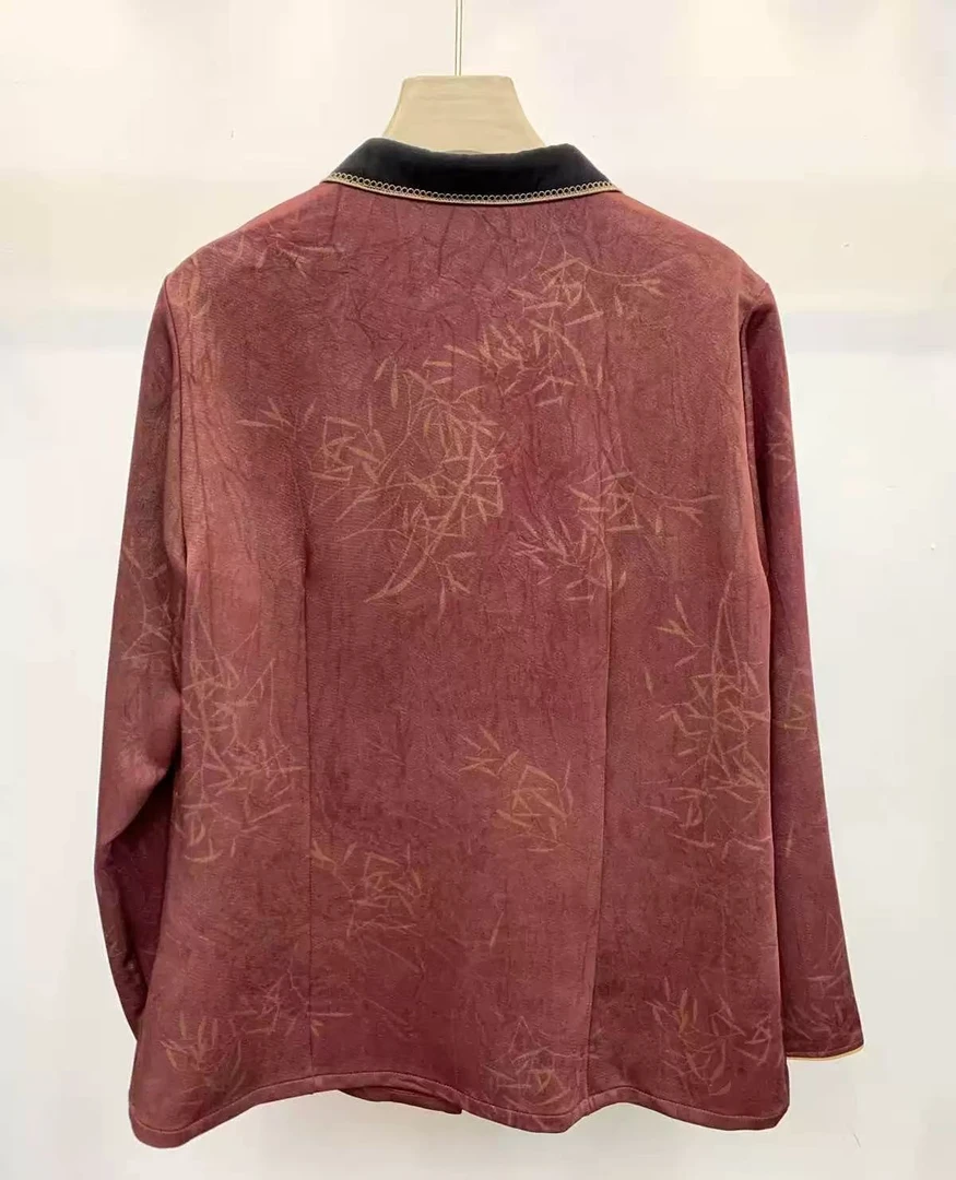 Q24059【酒红色】纽扣薄款复古印花衬衫小衫国风红色时尚休闲