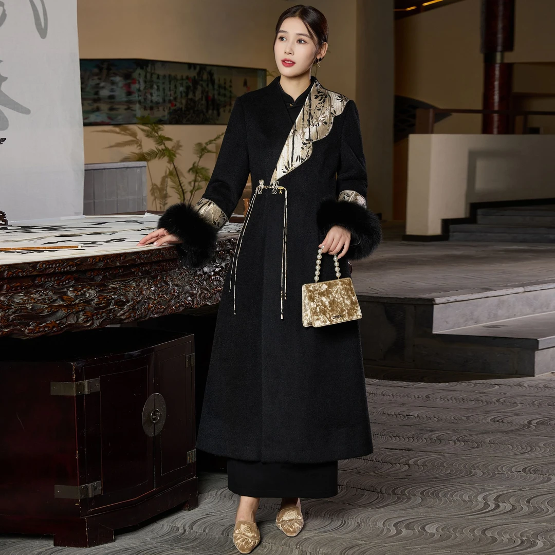 H459黑色大衣外套气质中长款毛呢中式国风高端女款冬改良汉服女装