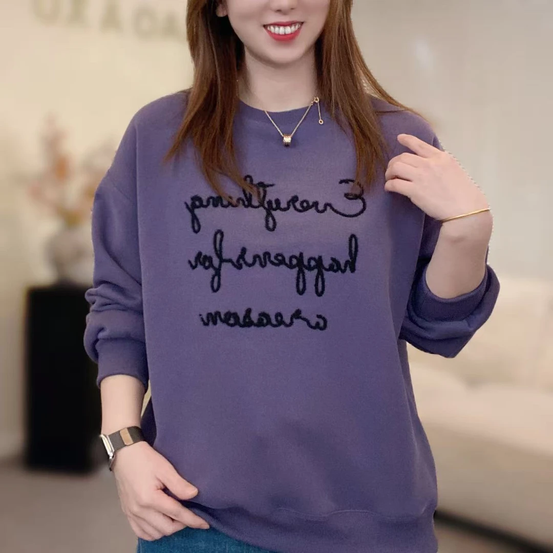 【加绒加厚】三排刺绣字母2025冬季新款高端圆领卫衣女韩版宽松上衣