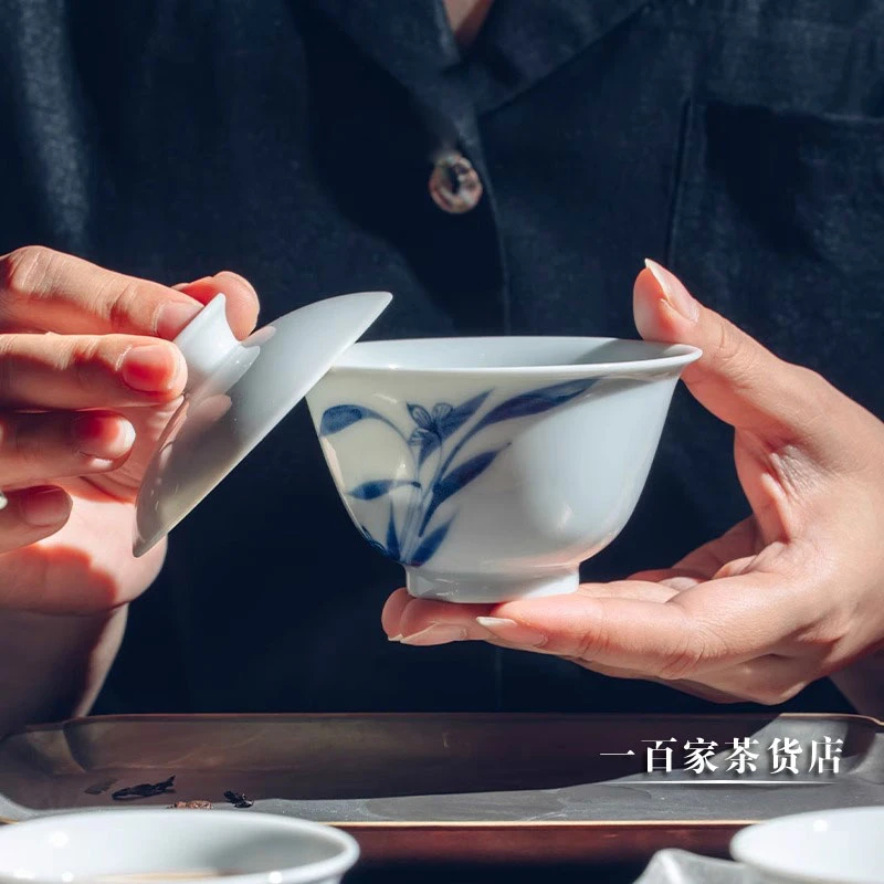 学古|兰花沁香盖碗 不烫手景德镇薄胎盖碗高档 全手工