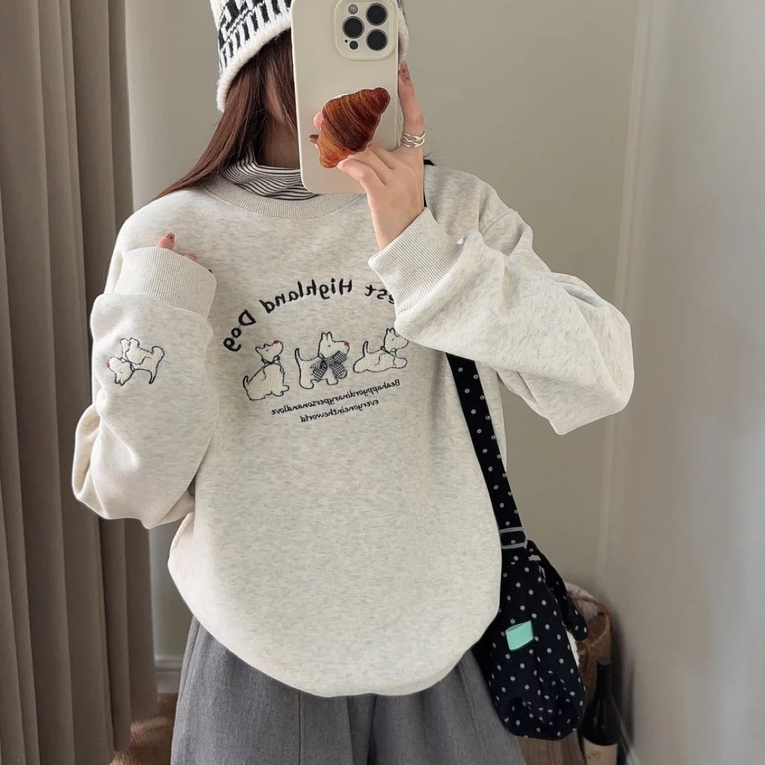 6529小狗刺绣条纹半高领加绒加厚卫衣女长袖韩版宽松百搭休闲卫衣