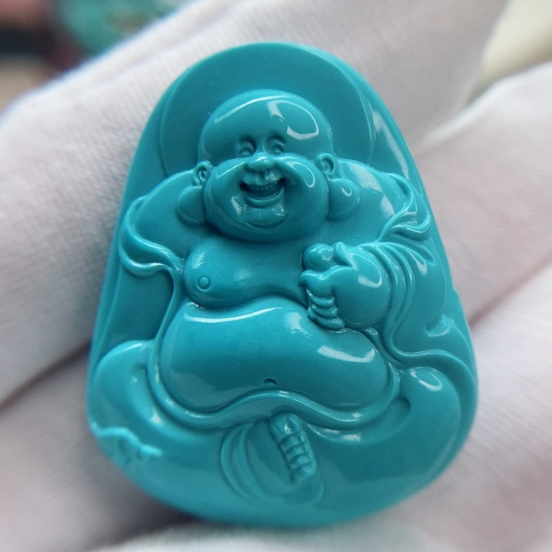 未镶嵌绿松石高瓷蓝精雕弥勒佛牌（姚子墨工）