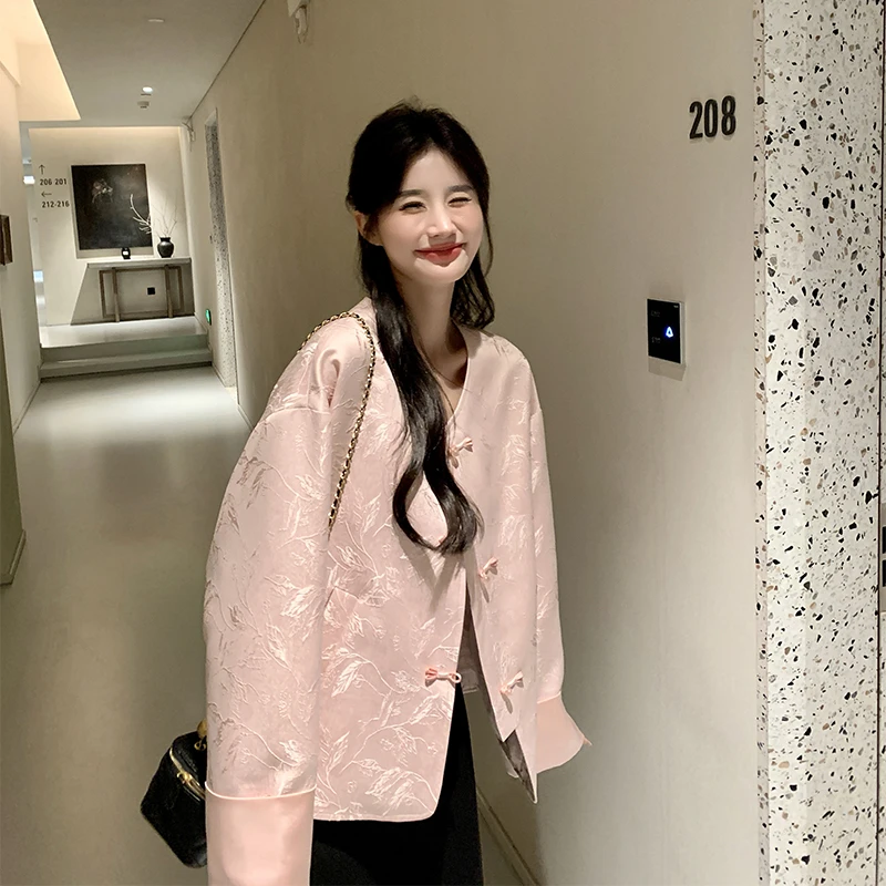 粉红色新中式外套女春秋2025新款国风盘扣设计感宽松休闲气质上衣