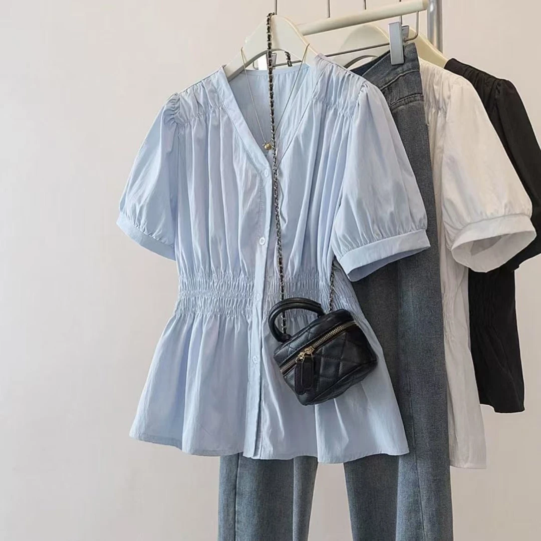 显瘦气质大码女装2025夏季新款褶皱衬衣收腰纯色短袖上衣DM20214