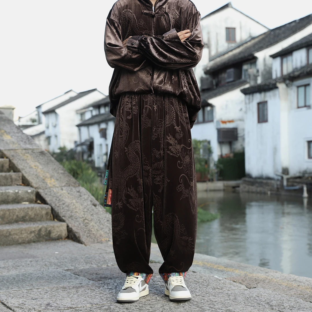 复古潮牌金丝绒百搭休闲裤男秋冬季中国风龙纹提花宽松垂感运动裤