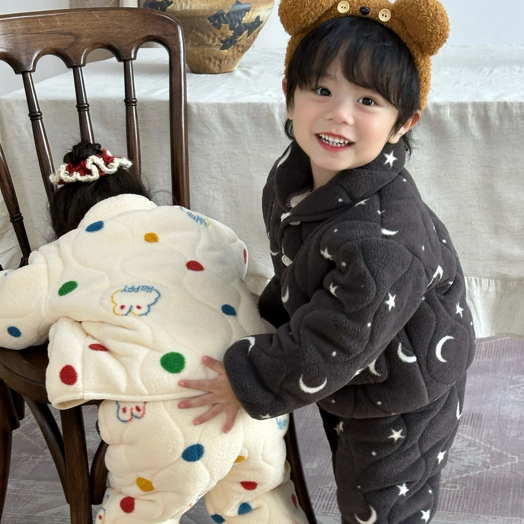 儿童三层夹棉睡衣加绒加厚宝宝中小童软绵绵家居服男女童睡衣套装