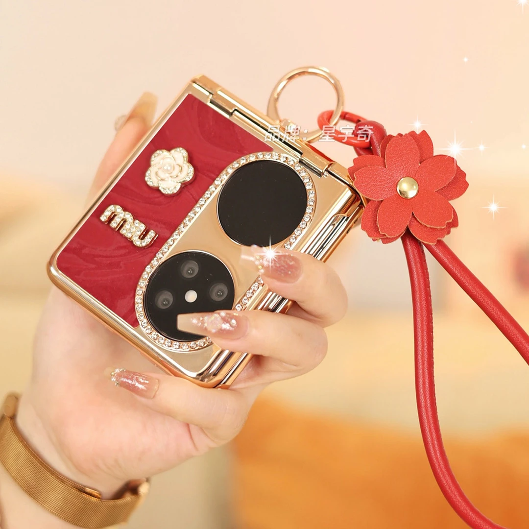 镶钻奢华红色适用华为pocket2手机壳斜挎折叠防摔pocket 2女款