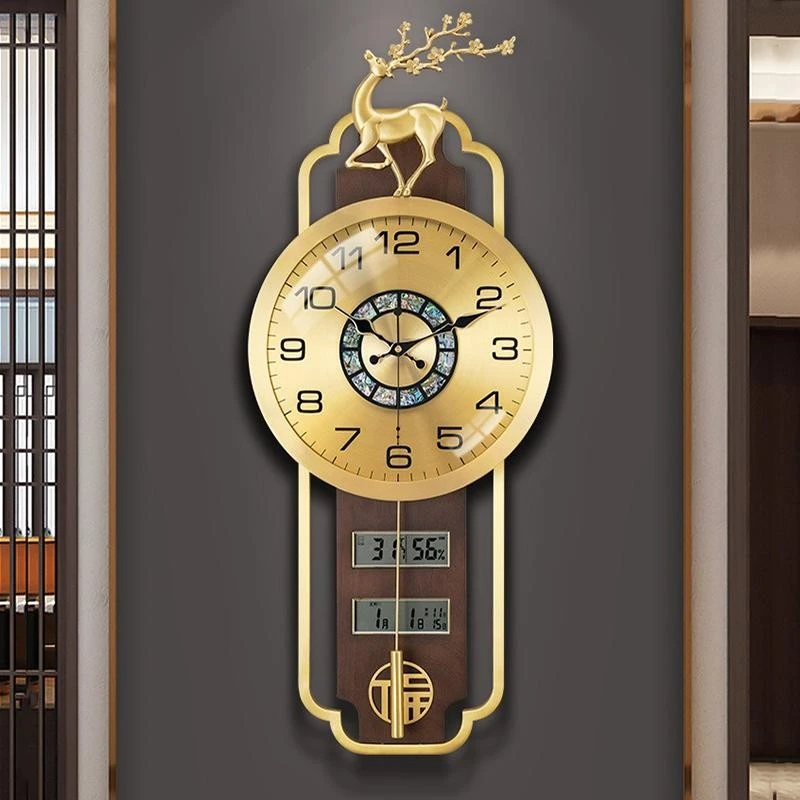 新中式客厅挂钟家用高档实木黄铜钟表大气2025新款万年历挂墙时钟