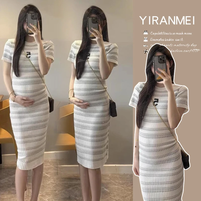 孕妇连衣裙2025夏季新款名媛圆领短袖条纹裙修身显瘦包臀连衣裙