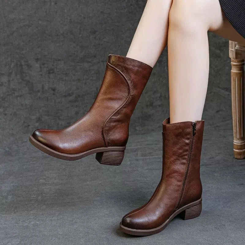 全真皮骑士靴女英伦风2025秋冬季马丁靴女低跟软底显瘦中筒长靴潮