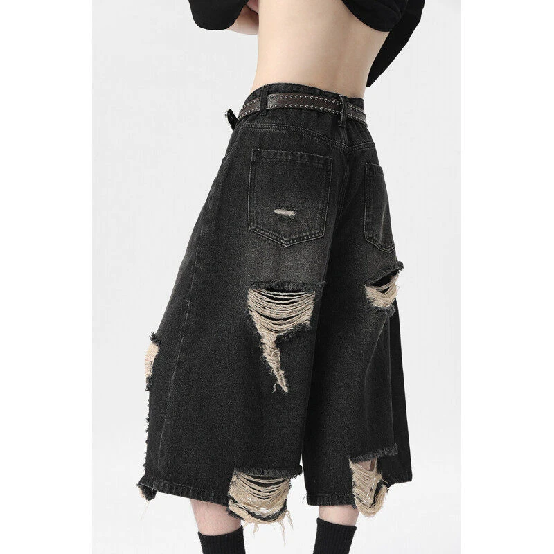 破洞牛仔七分裤男2025夏季新款美式复古潮牌痞帅宽松直筒休闲短裤