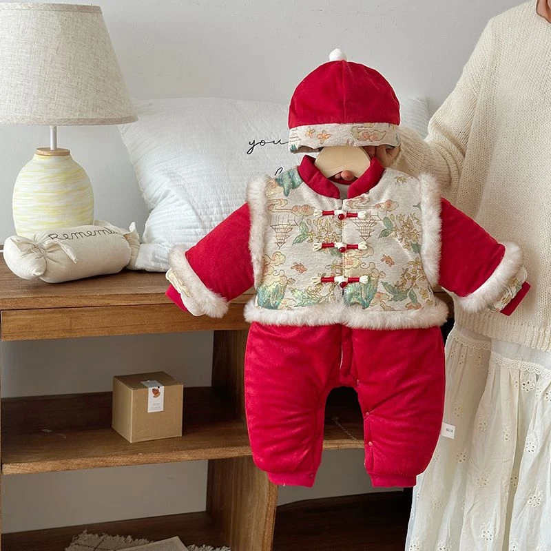 宝宝拜年服冬装婴儿中国风唐装喜庆百天周岁爬服礼服织锦玉兔哈衣