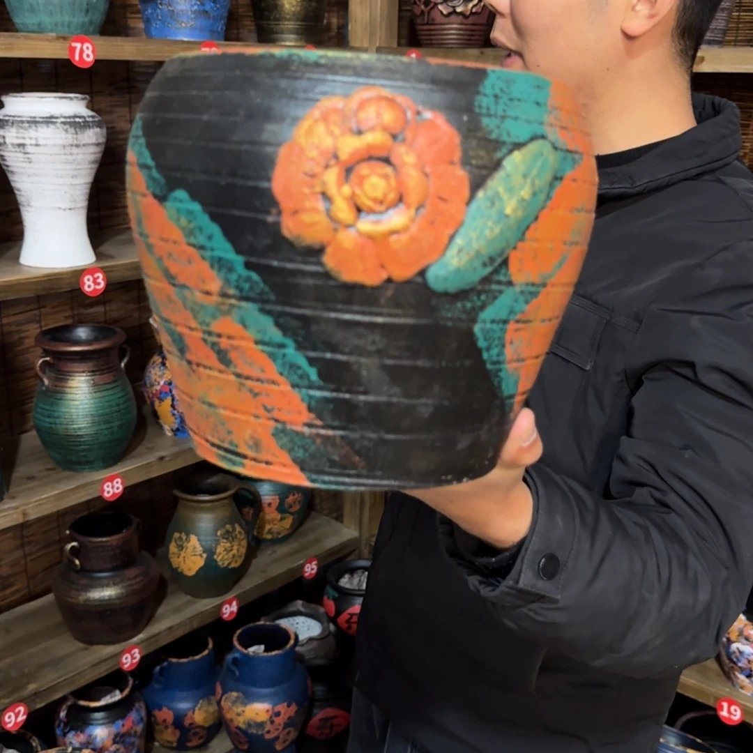 红陶浮雕花盆炸炸炸