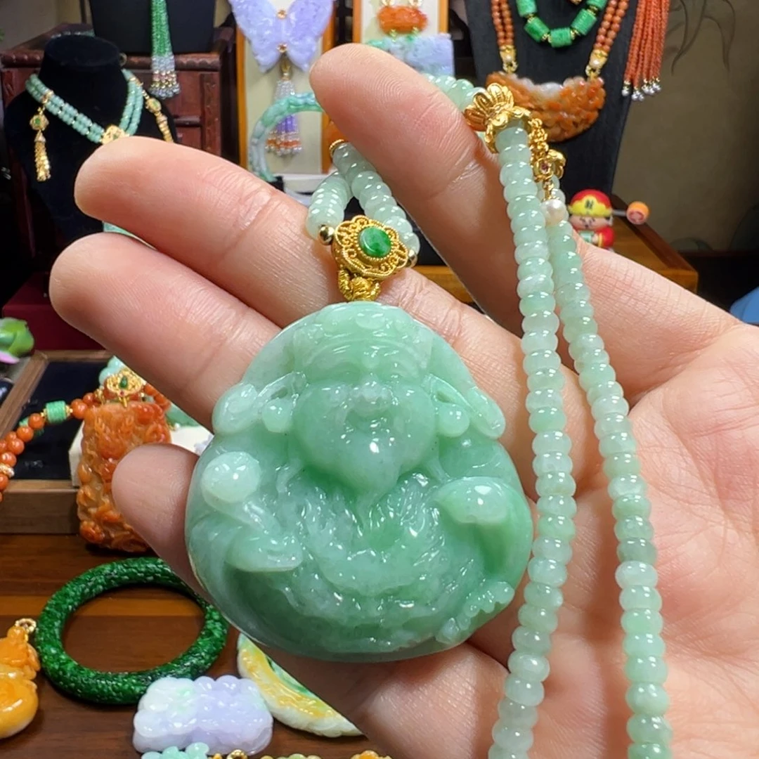 翡翠未镶嵌毛衣链冰绿财神爷