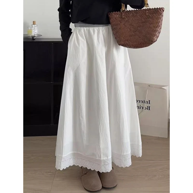 法式白色半身裙女2025春季宽松小众设计感蕾丝拼接松紧腰a字长裙