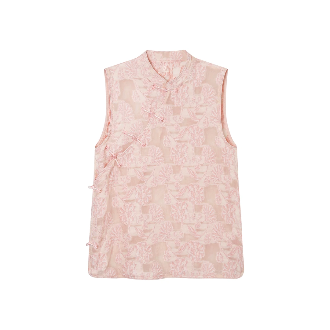 乐乐【缦菲】春夏新款重工刺绣剪花盘扣侧缝开叉上衣