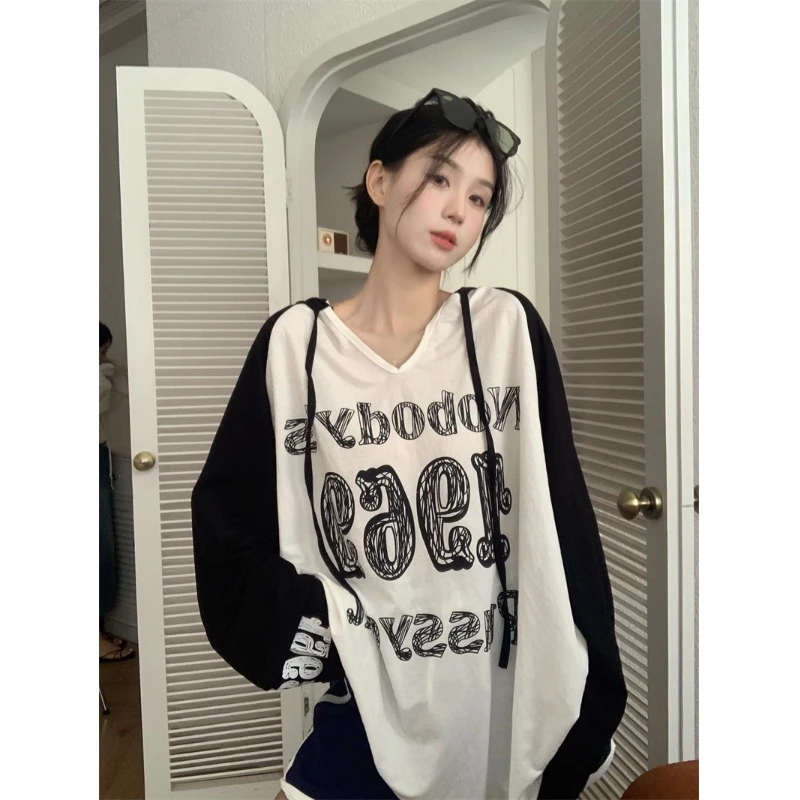 长袖防晒复古港风通勤连帽T恤时尚宽松ins小众百搭美式设计感