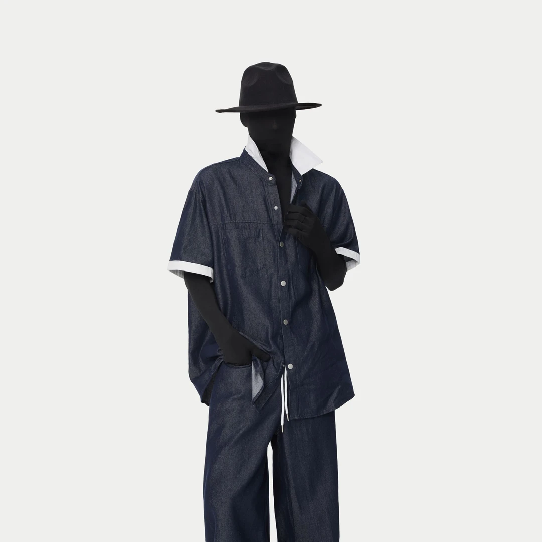 FANGWANG夏季新款潮流复古拼接牛仔短袖百搭衬衫宽松弯刀长裤套装