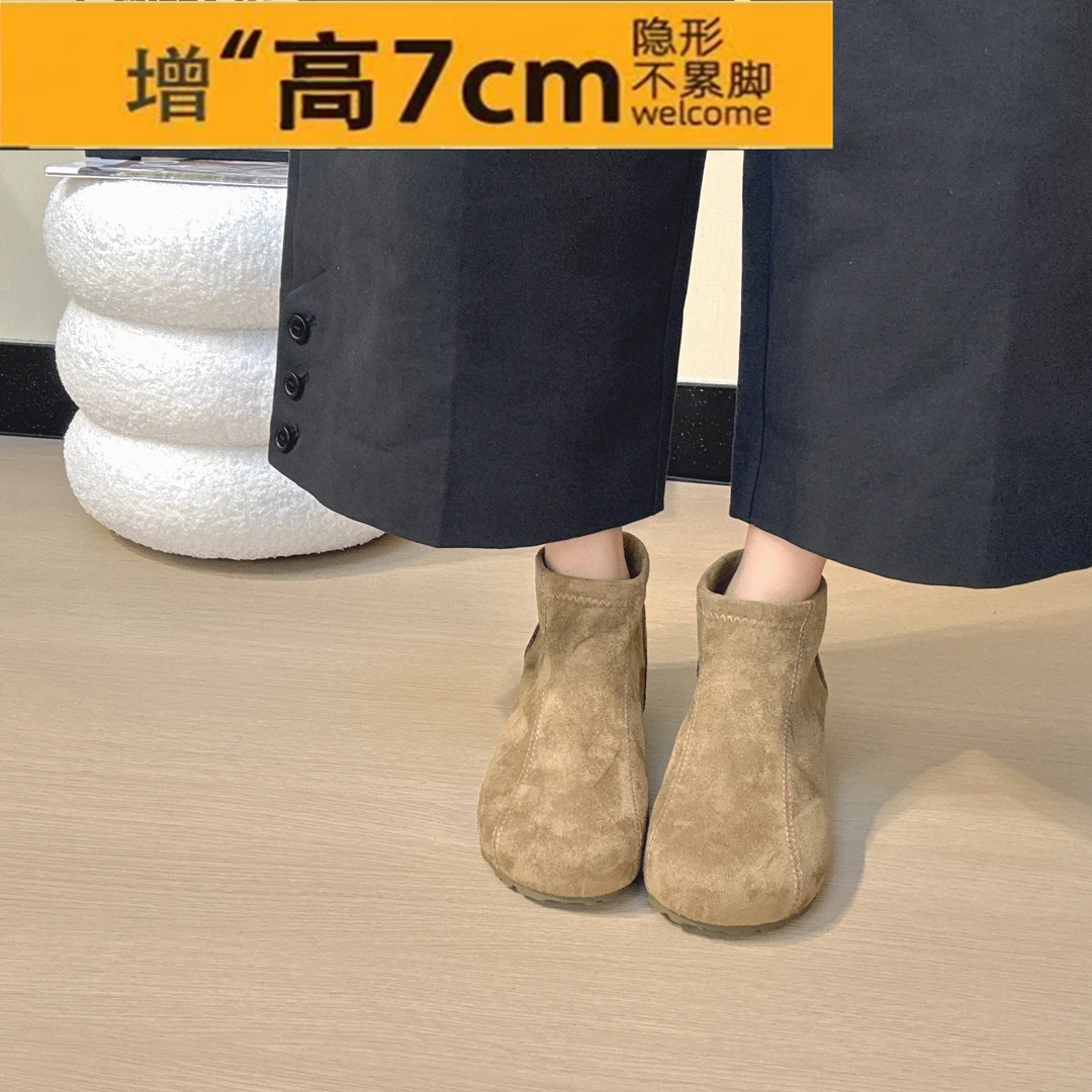 小个子7cm内增高加绒复古短筒瘦瘦靴女靴秋冬新款法式短靴及裸靴