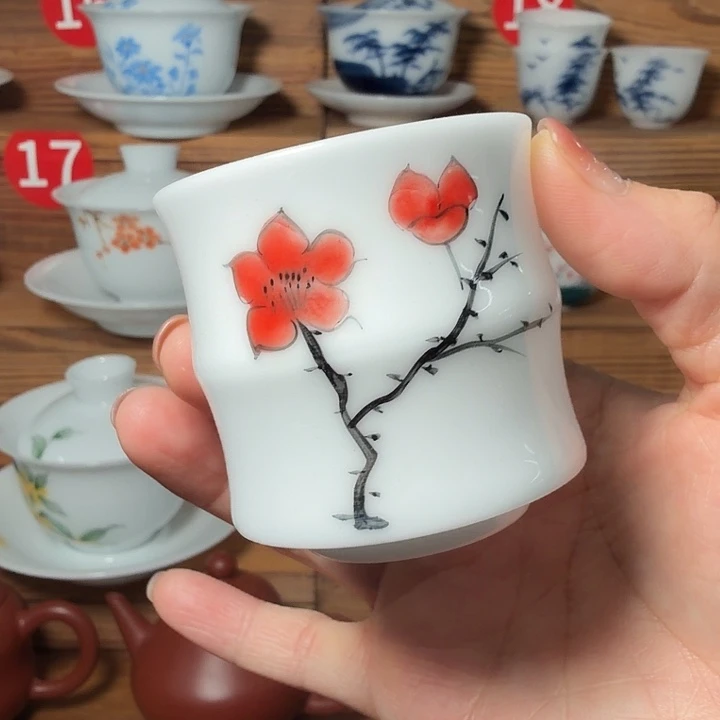 冰种手绘釉下彩竹节主人杯梅花